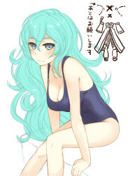 Rule 34 | 1girl, aqua hair, arm support, blue eyes, blush, breasts, cleavage, hanging breasts, imagawa yoshimoto (sengoku collection), large breasts, long hair, one-piece swimsuit, sengoku collection, sitting, solo, swimsuit, takanashi, translation request