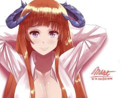 Rule 34 | 1girl, arknights, arms behind head, arms up, bagpipe (arknights), blunt bangs, breasts, commentary, horns, josh hutcherson whistle edit (meme), large breasts, long hair, looking at viewer, maikeruexe, meme, open clothes, open shirt, orange hair, purple eyes, shirt, smile, solo, upper body, very long hair, white background, white shirt