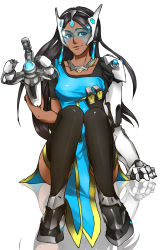 Rule 34 | 1girl, black hair, black thighhighs, blue-tinted eyewear, breasts, brown eyes, collarbone, dark-skinned female, dark skin, dress, earrings, forehead jewel, full body, highres, holding, holding weapon, jewelry, knees together feet apart, kowalu, lips, long hair, looking at viewer, mechanical arms, mole, mole above mouth, overwatch, overwatch 1, reflection, reflective floor, simple background, single mechanical arm, sitting, small breasts, solo, symmetra (overwatch), thighhighs, tinted eyewear, visor, weapon, white background