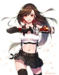 Rule 34 | 1girl, arm guards, belt, black gloves, breasts, brown eyes, clenched hand, collarbone, commentary request, cracking knuckles, crop top, earrings, elbow gloves, final fantasy, final fantasy vii, final fantasy vii remake, fingerless gloves, gloves, highres, jewelry, long hair, miogrobin, simple background, smile, solo, stomach, suspenders, tank top, tifa lockhart, undershirt, upper body, white background
