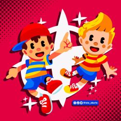 Rule 34 | 2boys, artist name, blonde hair, floating, hat, highres, lolo aburto, looking at viewer, lucas (mother 3), male focus, mother (game), mother 2, mother 3, multiple boys, ness (mother 2), nintendo, red background, red footwear, shirt, smile, striped clothes, striped shirt