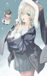 Rule 34 | 1girl, anastasia (fate), animal ears, aqua eyes, blue background, breasts, button eyes, buttons, doll, earrings, fate/grand order, fate (series), fur trim, gradient background, grey headwear, grey jacket, grey skirt, hair over one eye, highres, jacket, jewelry, long hair, long sleeves, looking at viewer, nonone (the9thxsheep), open clothes, open jacket, open mouth, painttool sai (medium), pleated skirt, rabbit ears, silver hair, skirt, snowing, sweater, viy (fate), white sweater