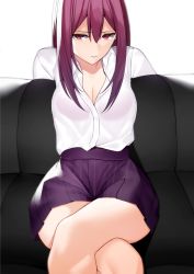 Rule 34 | 1girl, bare legs, bra visible through clothes, breasts, cleavage, crossed legs, fate (series), hands on own back, highres, long hair, looking at viewer, mairudo (mildcoffee1117), on bed, purple hair, purple skirt, red eyes, scathach (fate), school uniform, serious, shirt, sitting, skirt, solo, thighs, uniform, white background, white shirt
