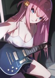 Rule 34 | 1girl, blue eyes, bocchi the rock!, breasts, cleavage, covered erect nipples, cube hair ornament, electric guitar, faicha, gotoh hitori, guitar, hair ornament, instrument, long hair, looking at viewer, medium breasts, one side up, pink hair, reaching, reaching towards viewer, solo, tank top, thighs, white tank top