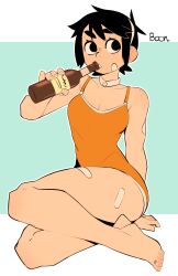 Rule 34 | 1girl, absurdres, aqua background, arm support, artist name, bandaid, bandaid on arm, bandaid on cheek, bandaid on face, bandaid on leg, bare arms, bare legs, bare shoulders, barefoot, black eyes, black hair, body freckles, bottle, breasts, choker, cleavage, collarbone, dress, feet, fingernails, freckles, full body, hand up, headband, highres, holding, holding bottle, jewelry, knees, legs, looking to the side, medium breasts, negsus, nostrils, on floor, orange dress, original, outline, parted lips, pinky out, short dress, short hair, sidelocks, simple background, sitting, sleeveless, solo, spaghetti strap, square, swept bangs, teeth, thighs, toe ring, toes, two-tone background, vanilla (negsus), white background, white choker, white headband, white outline, yokozuwari