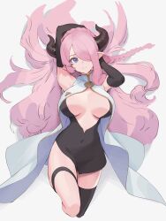 Rule 34 | 1girl, arms behind head, arms up, black dress, black gloves, black horns, black thighhighs, blue eyes, braid, breasts, buttons, center opening, closed mouth, commentary, covered navel, double-breasted, draph, dress, gloves, granblue fantasy, grey background, hair over one eye, highres, horns, large breasts, light smile, looking at viewer, lying, narmaya (granblue fantasy), olys, on back, pink hair, pointy ears, simple background, single braid, single thighhigh, solo, symbol-only commentary, thigh strap, thighhighs, thighs