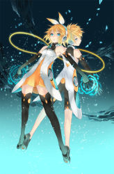 Rule 34 | 1boy, 1girl, aqua eyes, blonde hair, breasts, brother and sister, elbow gloves, gloves, hair ornament, hair ribbon, hairclip, highres, kagamine len, kagamine rin, nidy, ribbon, short hair, siblings, small breasts, thighhighs, twins, vocaloid, vocaloid append, zettai ryouiki