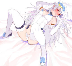 Rule 34 | 1girl, alternate costume, ass, beijuu, blue flower, blue rose, blush, boots, bow, breasts, bridal veil, bustier, dress, elbow gloves, finger to mouth, flower, girls&#039; frontline, gloves, hair between eyes, hair bow, head tilt, knees up, long hair, looking at viewer, lying, medium breasts, on back, panties, parted lips, platform footwear, platform heels, red eyes, ribbon-trimmed panties, rose, sidelocks, silver hair, smile, solo, spread legs, thigh boots, thighhighs, thighs, tokarev (girls&#039; frontline), underwear, veil, white dress, white footwear, white gloves, white panties, white thighhighs