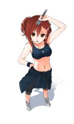 Rule 34 | 10s, 1girl, alternate hairstyle, anchor earrings, armpits, blush, brown eyes, brown hair, capri pants, dog tags, earrings, from above, hair ornament, hair up, hairclip, hand on own hip, highres, hmcs haida (g63), jewelry, kantai collection, myuto (advent retribution), navel, open mouth, original, pants, personification, royal canadian navy, shadow, shoes, simple background, sneakers, solo, sports bra, sweat, white background, wrench, wristband