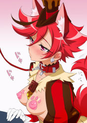 Rule 34 | 10s, 1girl, animal ears, bad id, bad pixiv id, blush, breasts, breasts out, closed mouth, collar, covered erect nipples, cure chocolat, earrings, eyelashes, female focus, gloves, gradient background, hat, jewelry, kenjou akira, kirakira precure a la mode, looking at another, medium breasts, mucha (muchakai), pasties, pet play, precure, puffy nipples, red eyes, red hair, short hair, simple background, solo focus, tail, white gloves