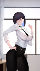 Rule 34 | 1girl, absurdres, belt, black necktie, black pants, blush, bob cut, choker, collared shirt, covered erect nipples, cowboy shot, gem, green gemstone, hand on own hip, highres, izaac, looking at viewer, necktie, no bra, office lady, original, pants, purple hair, see-through, see-through shirt, serious, shirt, shirt tucked in, short hair, sleeves rolled up, solo, white shirt, yellow eyes