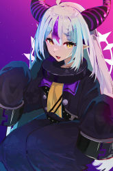 Rule 34 | 1girl, ahoge, belt, black horns, blue hair, braid, bright pupils, dukei, gradient background, grey hair, hair between eyes, highres, hololive, holox, horns, la+ darknesss, long hair, looking at viewer, multicolored hair, open mouth, pointy ears, purple background, purple hair, purple horns, sleeves past fingers, sleeves past wrists, solo, streaked hair, striped horns, virtual youtuber, white pupils, yellow eyes