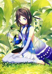 Rule 34 | 10s, 1girl, achiki, ange vierge, anklet, antennae, backless dress, backless outfit, bad id, bad pixiv id, barefoot, breasts, brown hair, bug, butterfly, dress, elbow gloves, fairy, fairy wings, gloves, grass, hairband, insect, jewelry, purple eyes, short hair, sitting, sleeveless, small breasts, solo, thighhighs, toeless legwear, wings