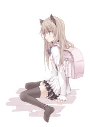 Rule 34 | 1girl, animal ears, anklet, arm support, backpack, bag, black thighhighs, brown hair, feet, highres, jewelry, long hair, no shoes, original, parted lips, purple eyes, randoseru, simple background, sitting, solo, thighhighs, touma kisa, wariza, white background, zettai ryouiki