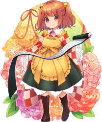 Rule 34 | 1girl, apron, bell, boots, brown footwear, character name, closed mouth, clothes writing, collared shirt, frilled shirt collar, frilled sleeves, frills, full body, green skirt, hair bell, hair ornament, happy, head tilt, holding, holding scroll, japanese clothes, kimono, long sleeves, looking at viewer, motoori kosuzu, red eyes, red hair, red kimono, romaji text, scroll, sen1986, shirt, short hair, skirt, smile, solo, standing, touhou, twintails, two side up, white background, white kimono, white shirt, wide sleeves, yellow apron