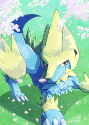 Rule 34 | blue fur, brown eyes, claws, closed mouth, commentary request, creatures (company), day, game freak, gen 3 pokemon, grass, highres, legs apart, manectric, nintendo, outdoors, petals, pokemon, pokemon (creature), signature, smile, standing, tanpakuroom