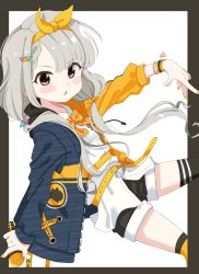 Rule 34 | 1girl, asymmetrical legwear, bad id, bad twitter id, belt, belt buckle, black background, black shorts, blue jacket, blush stickers, bow, brown eyes, buckle, collared shirt, commentary request, dress shirt, hair ornament, hair ribbon, highres, hisakawa nagi, holding, holding microphone, idolmaster, idolmaster cinderella girls, idolmaster cinderella girls starlight stage, jacket, long hair, long sleeves, low twintails, microphone, mismatched legwear, nail polish, open clothes, open jacket, orange belt, orange bow, orange jacket, orange nails, orange ribbon, orange thighhighs, outstretched arm, over-kneehighs, parted lips, plaid, plaid bow, ribbon, shirt, shiwa (siwaa0419), short shorts, shorts, single over-kneehigh, single thighhigh, sleeves past wrists, solo, thighhighs, twintails, two-tone background, v-shaped eyebrows, very long hair, white background, white shirt, wristband