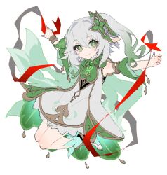 Rule 34 | 1girl, bare shoulders, breasts, cape, closed mouth, clover-shaped pupils, detached sleeves, dress, floating, full body, genshin impact, gradient hair, green cape, green eyes, green hair, green sleeves, hair between eyes, hair ornament, highres, leaf hair ornament, long hair, looking at viewer, multicolored hair, nahida (genshin impact), outstretched arms, pokashi, red ribbon, ribbon, side ponytail, small breasts, smile, solo, symbol-shaped pupils, toeless footwear, white background, white dress, white hair