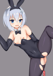 Rule 34 | 10s, 1girl, alternate costume, animal ears, bare shoulders, black bow, black bowtie, black hairband, black leotard, blue eyes, bow, bowtie, breasts, covered navel, detached collar, detached sleeves, fake animal ears, feet out of frame, gluteal fold, grey background, hairband, leotard, long sleeves, looking at viewer, nipple slip, nipples, open mouth, pantyhose, playboy bunny, rabbit ears, remote control vibrator, round teeth, ryuuou no oshigoto!, sex toy, shiny clothes, shiny skin, short hair, silver hair, simple background, small breasts, snowflakes, solo, sora ginko, spread legs, standing, standing on one leg, strapless, strapless leotard, teeth, torn clothes, torn pantyhose, toshishikisai, upper teeth only, vibrator, wing collar