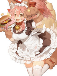 Rule 34 | 1girl, :d, absurdres, animal ears, animal hands, apron, bell, blush, breasts, burger, dress, fang, fate/extra, fate/grand order, fate (series), food, foot out of frame, fox ears, fox girl, fox tail, frilled dress, frills, gloves, highres, holding, holding plate, horikwawataru, jingle bell, large breasts, long hair, looking at viewer, maid apron, maid headdress, neck bell, open mouth, paw gloves, paw pose, pink hair, plate, ponytail, sidelocks, smile, socks, solo, sparkle, tail, tamamo (fate), tamamo cat (fate), tamamo cat (second ascension) (fate), thighhighs, yellow eyes