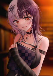 Rule 34 | 1girl, black choker, black dress, black gloves, black hair, black nails, blush, book, breasts, chest belt, choker, dress, elbow gloves, gloves, grey hair, highres, holding, holding book, hololive, hololive english, kai-yo, lace-trimmed choker, lace trim, large breasts, long hair, looking at viewer, multicolored hair, nail polish, open mouth, shiori novella, shiori novella (1st costume), sleeveless, sleeveless dress, smile, split-color hair, striped clothes, striped gloves, virtual youtuber, yellow eyes