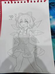 Rule 34 | 1girl, blush, bow, circled 9, cirno, collared shirt, detached wings, dress, fairy, feet out of frame, graphite (medium), hair between eyes, hair bow, hand on own hip, highres, ice, ice wings, kaoling, open mouth, photo (medium), puffy short sleeves, puffy sleeves, second-party source, shirt, short hair, short sleeves, signature, smile, solo, sparkle, touhou, traditional media, v, wings