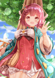 Rule 34 | 1girl, :d, atelier (series), atelier sophie, atelier sophie 2, blue jacket, blue sky, blush, braid, breasts, brown eyes, center frills, cloud, commentary request, day, frills, hand up, head scarf, high-waist skirt, highres, jacket, long sleeves, medium breasts, open clothes, open jacket, open mouth, outdoors, purple hair, red skirt, shirt, skirt, sky, smile, solo, sophie neuenmuller, star (symbol), tree, white shirt, xenon (for achieve)