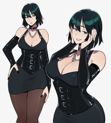 1girl aneurysm_ax bare_shoulders black_corset black_dress black_hair black_nails blunt_bangs breasts choker corset dress elbow_gloves eyebrows_hidden_by_hair fingernails fubuki_(one-punch_man) gloves green_eyes hair_between_eyes hand_on_own_hip hand_on_own_thigh hands_on_own_face highres jewelry large_breasts lips looking_at_viewer lower_lip_only multiple_views necklace o-ring o-ring_choker one-punch_man pantyhose plunging_neckline short_hair simple_background skirt teeth upper_body white_background