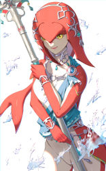 Rule 34 | 1girl, absurdres, blush, bracelet, breasts, closed mouth, colored skin, commentary request, cowboy shot, fins, fish girl, gem, hair ornament, highres, holding, holding weapon, jewelry, lips, long hair, looking at viewer, mipha, monster girl, multicolored skin, nintendo, no eyebrows, pointy ears, polearm, red hair, red skin, simple background, small breasts, smile, solo, spear, standing, the legend of zelda, the legend of zelda: breath of the wild, wakagon0727, water, weapon, white background, yellow eyes, zora