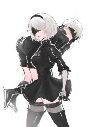 1boy, 1girl, absurdres, ass, ass grab, black blindfold, black footwear, black gloves, black hairband, blindfold, blush, carrying, gloves, grey legwear, hairband, hand on own face, highres, mole, mole under mouth, nier (series), nier automata, outline, pink lips, puffy sleeves, simple background, sketch, sweat, sweatdrop, thighhighs, turtle, turtleneck, walking, white background, white hair, white outline, yorha no. 2 type b, yorha no. 9 type s, zemzk