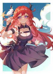 Rule 34 | 1girl, absurdres, arknights, armband, bare arms, bare shoulders, bird, bird on hand, black dress, border, breasts, cleavage, cowboy shot, detached collar, dress, hair intakes, hand up, highres, horns, infection monitor (arknights), long hair, medium breasts, outside border, purple eyes, red hair, shiyiyuya, short dress, sleeveless, sleeveless dress, smile, solo, standing, surtr (arknights), white border, wristband