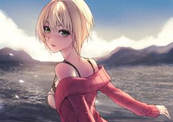 Rule 34 | 1girl, applekun, bad id, bad pixiv id, blonde hair, blush, breasts, camisole, cloud, commentary request, day, from side, green eyes, hair intakes, idolmaster, idolmaster cinderella girls, long sleeves, looking at viewer, looking to the side, miyamoto frederica, mountainous horizon, off-shoulder sweater, off shoulder, outdoors, parted lips, red sweater, small breasts, smile, solo, strap gap, sweater, upper body, water