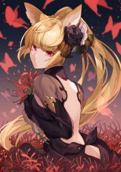 Rule 34 | 1girl, absurdres, ass cutout, backless dress, backless outfit, black flower, black rose, blonde hair, bug, butt crack, butterfly, clothing cutout, dress, erune, flower, granblue fantasy, hair flower, hair ornament, highres, hizuki miya, insect, long hair, pink eyes, ponytail, rose, solo, spider lily, yuisis (granblue fantasy)
