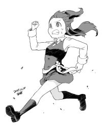 Rule 34 | 1girl, belt, clenched teeth, collared shirt, dated, from side, full body, greyscale, kagari atsuko, little witch academia, long hair, long sleeves, monochrome, running, shirt, shoes, signature, skirt, socks, solo, sweatdrop, teeth, tsukudani (coke-buta), vest, wand, wing collar