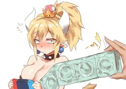 Rule 34 | 1girl, armlet, bad id, bad pixiv id, bare shoulders, blonde hair, blush, borrowed design, bowsette, bracelet, breasts, cleavage, collar, condom, earrings, horns, jewelry, large breasts, long hair, mario (series), new super mario bros. u deluxe, nintendo, nintendo switch, pointy ears, ponytail, spiked armlet, spiked bracelet, spiked collar, spikes, super crown, yostxxx