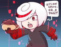 Rule 34 | 1girl, black dress, bob cut, chili dog, dress, english text, food, hair over one eye, highres, holding, holding food, hologram, hot dog, kujikawaii, long sleeves, looking at food, open mouth, red eyes, sage (sonic), sonic (series), sonic frontiers, speech bubble, teeth, upper teeth only, white hair
