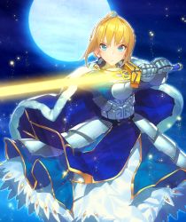 Rule 34 | 1girl, ahoge, armor, armored dress, artoria pendragon (all), artoria pendragon (fate), blonde hair, blue dress, blue eyes, braid, cape, dress, fate/stay night, fate (series), frown, full body, fur trim, gauntlets, glowing, glowing weapon, holding, holding sword, holding weapon, kanjy00u, looking at viewer, night, night sky, saber (fate), short hair, single braid, sky, solo, standing, sword, weapon