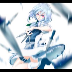 Rule 34 | 1girl, blurry, bow, braid, dagger, depth of field, green bow, hair bow, hat, holding, holding weapon, izayoi sakuya, knife, letterboxed, looking at viewer, maid, maid headdress, ouno, puffy short sleeves, puffy sleeves, red eyes, ribbon, short hair, short sleeves, silver hair, simple background, solo, touhou, twin braids, weapon, white background