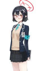 Rule 34 | 1girl, absurdres, armband, arms behind back, ayane (blue archive), black hair, black skirt, blue archive, blue jacket, blue necktie, breasts, closed mouth, collared shirt, cowboy shot, earpiece, glasses, hair ornament, halo, highres, id card, jacket, long sleeves, looking at viewer, miniskirt, necktie, open clothes, open jacket, orange eyes, pleated skirt, pointy ears, shirt, short hair, sidelocks, simple background, skirt, small breasts, smile, so shio, solo, white background, white shirt
