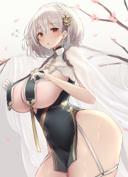 Rule 34 | 1girl, azur lane, black dress, breast curtains, cherry blossoms, commentary request, covered navel, dress, garter straps, gloves, hair between eyes, hair ornament, highres, looking at viewer, petals, red eyes, short hair, sirius (azur lane), sirius (azure horizons) (azur lane), sixteenpo, solo, thighs, white gloves, white hair