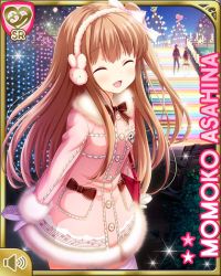 Rule 34 | 1girl, asahina momoko, bow, brown hair, card (medium), character name, coat, dress, closed eyes, girlfriend (kari), hair bow, hair ribbon, mittens, neon lights, night, official art, one side up, open mouth, outdoors, pink dress, qp:flapper, red eyes, ribbon, side ponytail, skirt, smile, snow, snowing, solo, white bow, winter clothes, winter coat