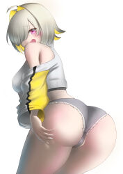 Rule 34 | 1girl, absurdres, ahoge, artist request, ass, ass focus, ass grab, bare shoulders, blonde hair, blush, short shorts, breasts, deep skin, elegg (nikke), from behind, goddess of victory: nikke, hair over one eye, highres, huge ass, leaning, leaning forward, looking at viewer, medium breasts, multicolored hair, open mouth, purple eyes, short hair, short shorts, shorts, sideboob, smile, solo, thick thighs, thighs, two-tone hair