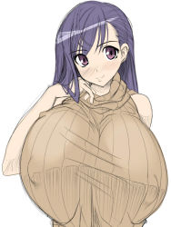 Rule 34 | 1girl, bare shoulders, blush, breasts, covered erect nipples, female focus, hand on neck, huge breasts, kloah, pink eyes, purple hair, simple background, solo, sweater, white background