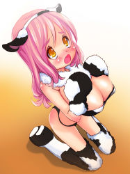 Rule 34 | 1girl, animal ears, animal print, bikini, breasts squeezed together, breast suppress, breasts, cleavage, cow ears, cow girl, cow print, highres, huge breasts, large breasts, open mouth, original, pink hair, solo, st+1, swimsuit, thighhighs, yellow eyes