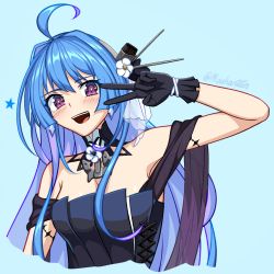 Rule 34 | 1girl, ahoge, azur lane, black gloves, blue background, blue hair, blush, breasts, choker, cleavage, earrings, flower, gloves, gradient hair, hair flower, hair ornament, helena (azur lane), helena (may i have this dance?) (azur lane), jewelry, looking at viewer, medium breasts, mouhantain, multicolored hair, open mouth, purple eyes, sidelocks, simple background, smile, solo, teeth, twitter username, upper body, upper teeth only, v over eye