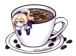 Rule 34 | 1girl, artist name, blonde hair, blue bow, blue capelet, blue eyes, blue gloves, blush, bow, capelet, chibi, coffee, coffee beans, commentary, cup, genshin impact, gloves, hair between eyes, hair bow, highres, jean (genshin impact), long hair, long sleeves, metall waves, mini person, minigirl, ponytail, simple background, solo, teacup, twitter username, white background