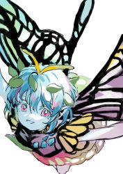 Rule 34 | 1girl, ama asagi, antennae, aqua hair, bad anatomy, bad arm, butterfly wings, dress, eternity larva, fairy, green dress, highres, insect wings, leaf, leaf on head, multicolored clothes, multicolored dress, one-hour drawing challenge, open mouth, pointy ears, red eyes, short hair, short sleeves, simple background, smile, solo, touhou, white background, wings