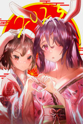 Rule 34 | 2023, 2girls, absurdres, alternate costume, animal ears, black sash, blush, breasts, brown eyes, brown hair, chinese zodiac, cleavage, closed mouth, commentary request, egasumi, flat chest, floppy ears, floral print, hair between eyes, hair over one eye, heart, heart hands, heart hands duo, highres, inaba tewi, japanese clothes, kimono, large breasts, long hair, looking at viewer, multiple girls, obi, off shoulder, open mouth, pink eyes, print kimono, purple hair, rabbit ears, rabbit girl, reisen udongein inaba, sash, short hair, smile, touhou, upper body, wide sleeves, year of the rabbit, yomatsuri (festival night)