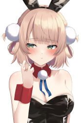 Rule 34 | 1girl, absurdres, alternate costume, animal ears, bare shoulders, black leotard, blonde hair, blush, breasts, cleavage, commentary request, detached collar, fake animal ears, green eyes, hair ornament, highres, indie virtual youtuber, large breasts, leotard, looking to the side, pendora1022, playboy bunny, pom pom (clothes), pom pom hair ornament, rabbit ears, red wrist cuffs, shigure ui (vtuber), short hair, solo, strapless, strapless leotard, twirling hair, upper body, virtual youtuber, wrist cuffs