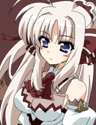 Rule 34 | 1girl, ahoge, bare shoulders, bow, breasts, brown background, detached sleeves, expressionless, hair bow, impossible clothes, long hair, lyrical nanoha, ponytail, purple eyes, rinne berlinetta, silver hair, simple background, solo, tatsuko, tatsuko (tat88), vivid strike!